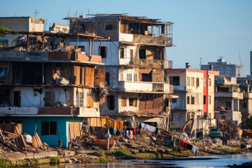 Fototapeta na wymiar Income inequality, a view of a slum with dilapidated shanty houses. Poor people concept
