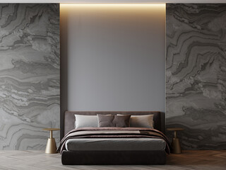 Premium large bedroom with dark gray walls and brown bed. Deep rich colors - grey, graphite and black. Blank mockup background design room home. Empty space for art. Luxury rich accent. 3d render 