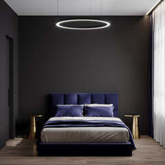 Luxury navy blue violet color in the interior design bedroom home. Dark black walls. Room hotel deep rich trend material - mockup background art. Modern premium style with gold accent. 3d rendering 