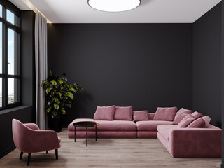 Large master living room hall in dark black colors. Rose pink set of chairs and big sofa couch. Background blank wall blank for wallpaper or paintings. Luxury lounge or reception. 3d rendering - obrazy, fototapety, plakaty
