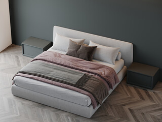 Premium large bedroom with black dark gray walls and white beige brown bed. Deep rich colors - grey, graphite and taupe. Blank mockup background modern design room. Empty space for art. 3d render 