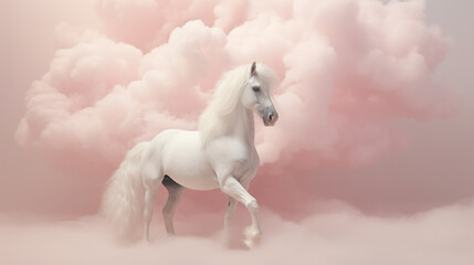 Obraz na płótnie Canvas A Majestic White Horse as they are Surrounded by Pink Cotton Candy Smoke or Clouds - Pink Pastel Color Tones in Muted Surrealism Aesthetic - Whimsical 