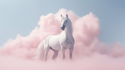Obraz na płótnie Canvas A Majestic White Horse as they are Surrounded by Pink Cotton Candy Smoke or Clouds - Pink Pastel Color Tones in Muted Surrealism Aesthetic - Whimsical 