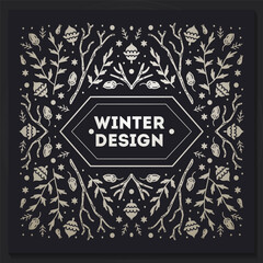 Christmas holiday frame. Vintage vector card. Winter background. Vector floral illustration. Black and white.