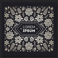 Christmas holiday frame. Vintage vector card. Winter background. Vector floral illustration. Black and white.