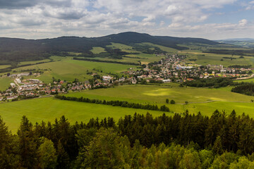 Aerial view of Cervena Voda town from Krizova hora mountain, Czech Republic