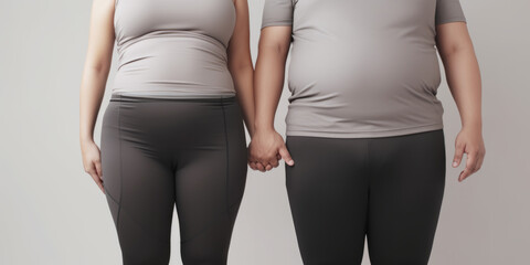 Overweight couple in tight grey fitness clothes with belly fat, abdomen view