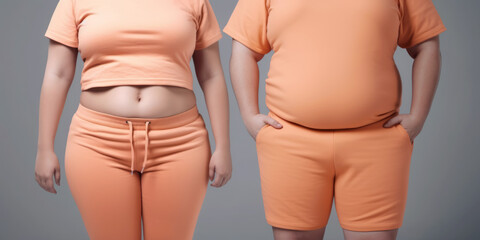 Overweight couple in orange sports clothes with belly fat, abdomen view