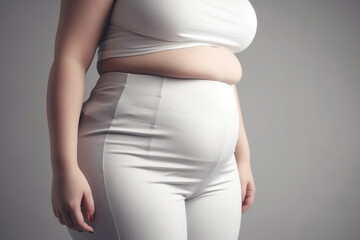 Close-up view of a woman belly in white clothes on grey background, obesity concept - obrazy, fototapety, plakaty