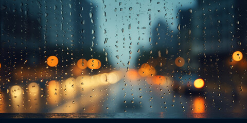 Raindrops on a window with a city lights in the background