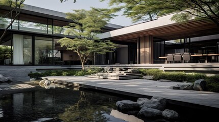 Naklejka premium a spacious outdoor garden modern stacked villa