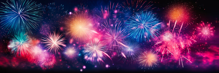 Fototapeta premium Colorful fireworks on the 4th of July. Festival celebration explosion with abstract firecrackers in the night sky