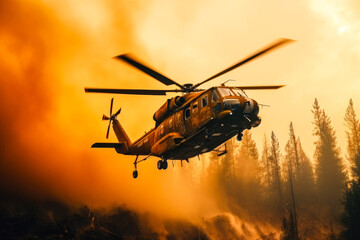 Fire fighting helicopter flying over a large fire in the forest