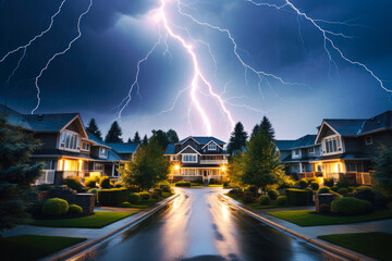 Lightning striking a residential neighborhood - obrazy, fototapety, plakaty