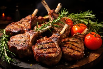 lamb chops with tomatoes and rosemary on a wooden cutting board