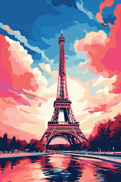 Duotone basic pop art vintage style travel poster of the Eiffel Tower in Pais, France.