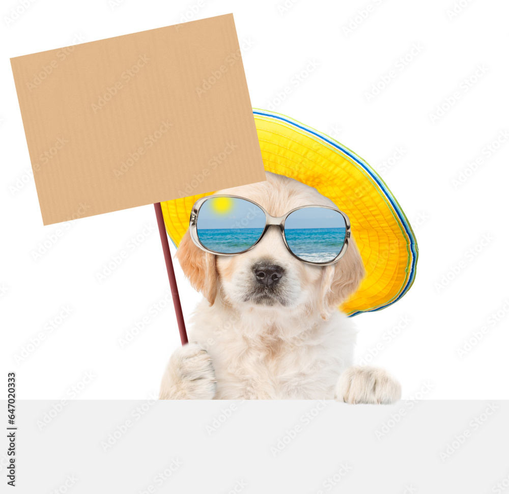 Poster funny golden retriver puppy wearing mirrored sunglasses and summer hat holds empty placard above emp