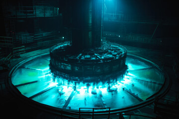 Blue glow water of nuclear reactor core powered, caused by Cherenkov radiation
