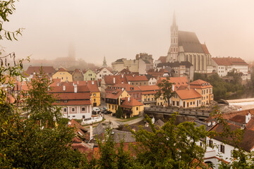 Fototapeta na wymiar Morning foggy view of Cesky Krumlov, Czech Republic