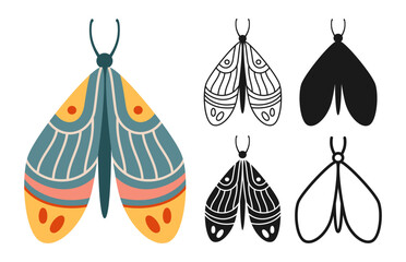 Butterfly fantasy retro fantasy set. Mystical bohemian moth symbol insect wings with ornament. Colored, silhouette or symbol, doodle tattoo line ornate celestial moth. Ornate decoration trendy vector