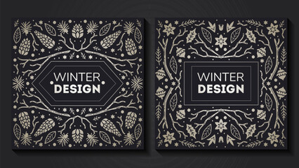 Obraz premium Luxury Christmas frame set, abstract sketch winter floral design templates. Geometric monochrome square, holly backgrounds with fir tree. Use for package, branding, decoration, banners