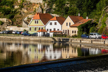 Fototapeta na wymiar Houses at Vltava riverside in Cesky Krumlov, Czech Republic