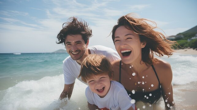 a happy and joyful family on the beach vacation. generative AI
