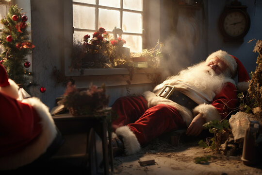 Old tired chubby Santa Claus sleep and relax in dirty room beside window and light beam, which decorated by christmas ornament during christmas time. Generative AI.

