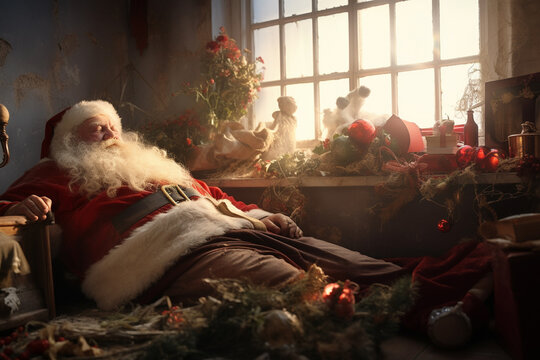 Old tired chubby Santa Claus sleep and relax in dirty room beside window and light beam, which decorated by christmas ornament during christmas time. Generative AI.