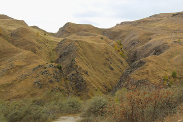 Panoramic view of Baksan gorge in the Caucasus mountains in Russia
