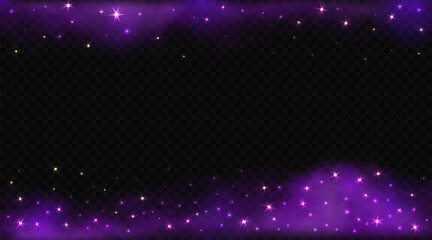Bright glowing purple powder. Vector decorative border. Violet smoke clouds with sparkles isolated on transparent backdrop