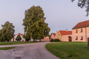 Traditional houses of rural baroque style in Holasovice village, Czech Republic