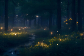 Obraz na płótnie Canvas A serene forest scene at twilight, with fireflies dancing around a
