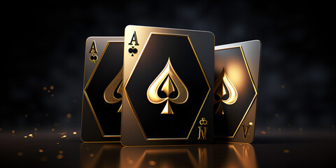Black playing cards with gold light effect on dark background
 - obrazy, fototapety, plakaty