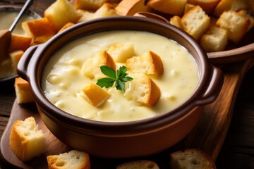Creamy cheese fondue. Background with selective focus