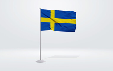 3D illustration of a Swedish flag stretched out on a flagpole and a studio backdrop in the background.