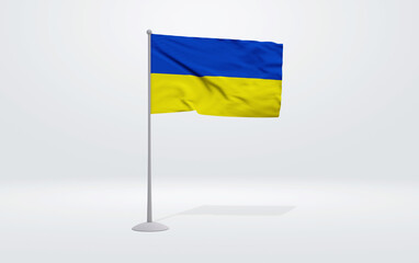 3D illustration of a Ukrainian flag extended on a flagpole and a studio backdrop in the background.