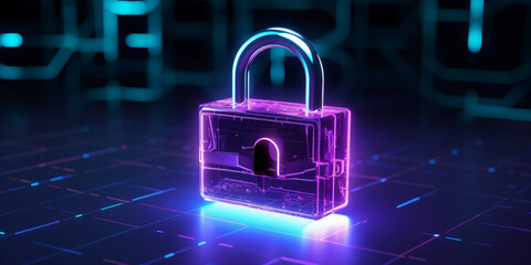 Cyber security concept. Padlock on circuit board background neon 