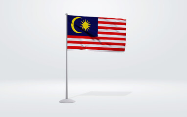 3D illustration of a Malaysian flag extended on a flagpole and a studio backdrop in the background.