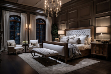 Elegant Bedroom Oasis with Classic Traditional Accents, Luxurious Furniture, and Soft Ambient Lighting