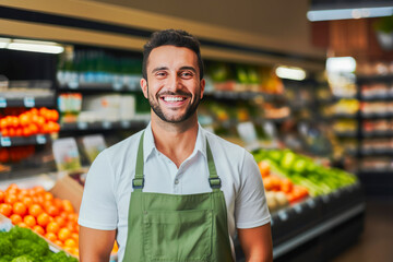 Smiling young male supermarket worker looking at the camera, with fresh produce in the background