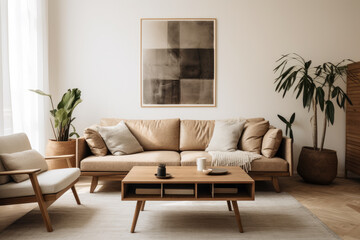 A Cozy Scandinavian Living Room Interior with Minimalist Design and Warm Earthy Tones