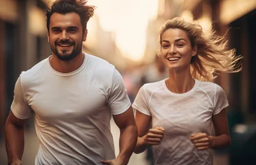 Rolgordijnen Young couple jogging in the city. Healthy lifestyle and fitness concept. created by generative AI technology. © hakule