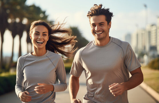 Young couple jogging in the city. Healthy lifestyle and fitness concept. created by generative AI technology.