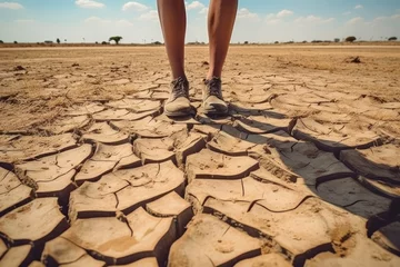 Poster Feet of a farmer standing on parched landscape. Global warming. Drought, disaster and crop failure - the feet of a farmer on cracked dry soil. His field is dry. © Stavros