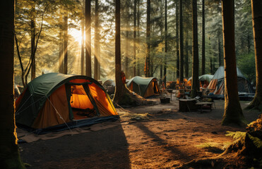 Camping in the forest. Camping tents in the forest. created by generative AI technology.
