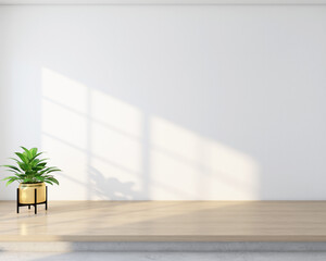 Minimalist empty area with white wall and wooden floor. In the room there are indoor green plant. 3D rendering