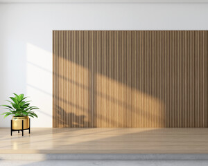 Minimalist empty area with wooden slats wall and white wall In the room there are wooden floors and indoor green plant. 3D rendering