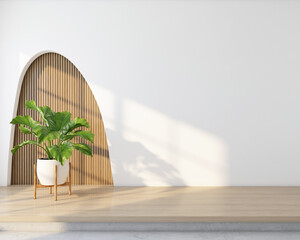 Minimalist empty room with wood slat wall and white curved wall. There are wooden floor and indoor green plant. 3d rendering