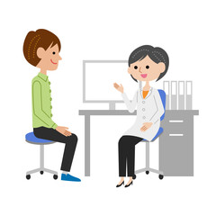 診察室で女性医師に説明を受ける若い男性